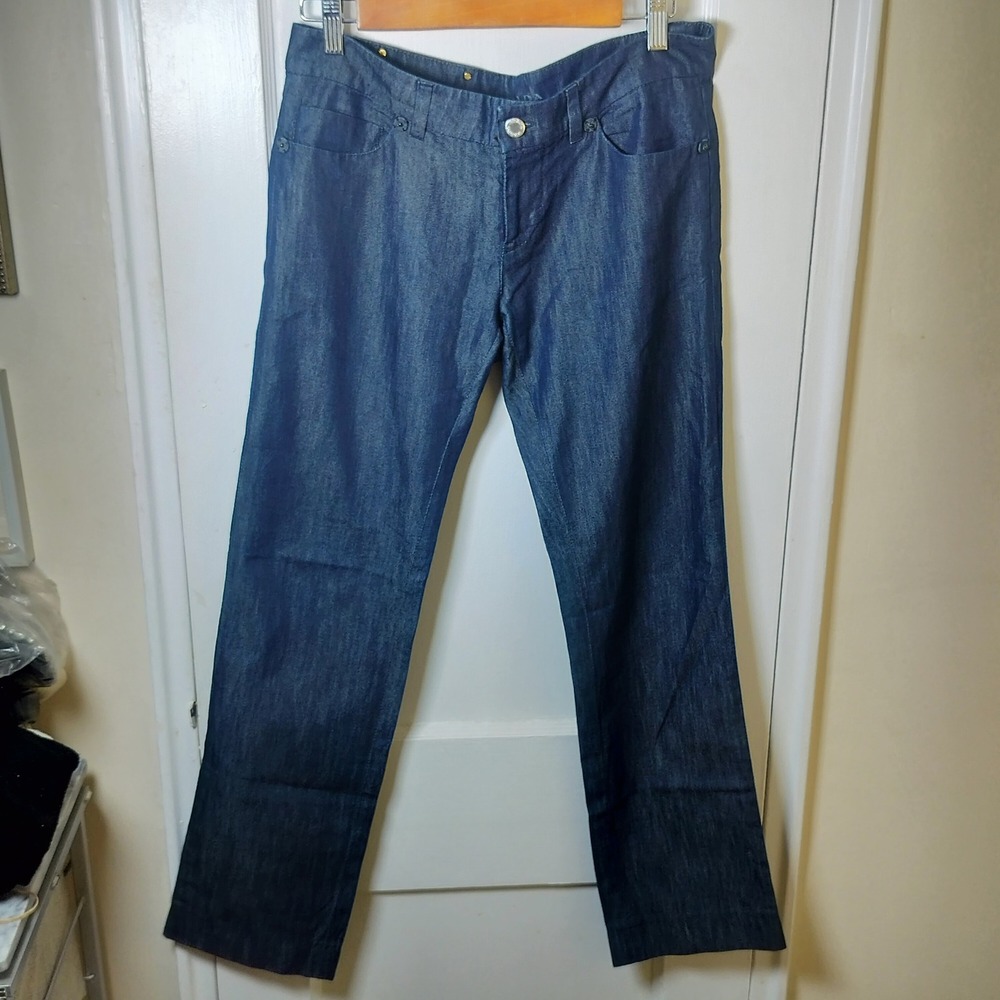 Prada Womens‎ Dark Wash Indigo Denim Straight Leg Jeans Leather Logo Patch Blue